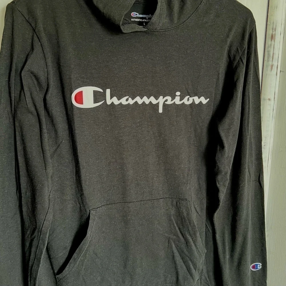 Champion Youth Black Long Sleeve Hoodie Shirt Spell Out Logo Lightweight Large